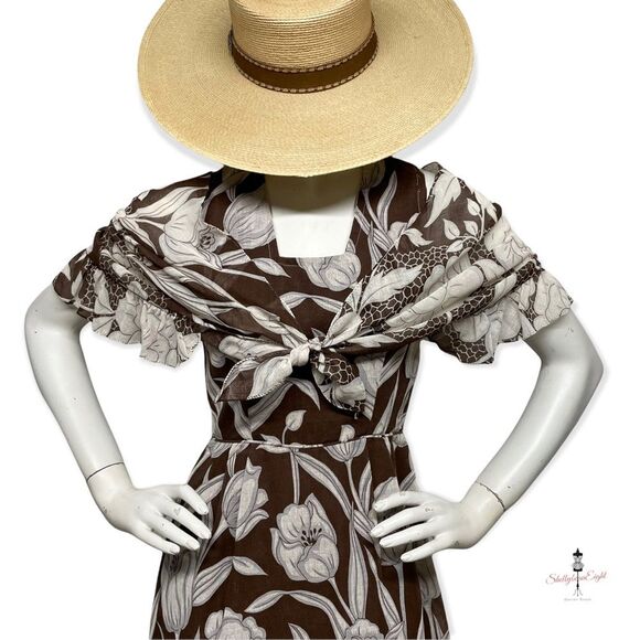 Vintage 1970s Floral Print Brown White Maxi Dress & Matching Shawl Scarf S 4 6 - Picture 7 of 15